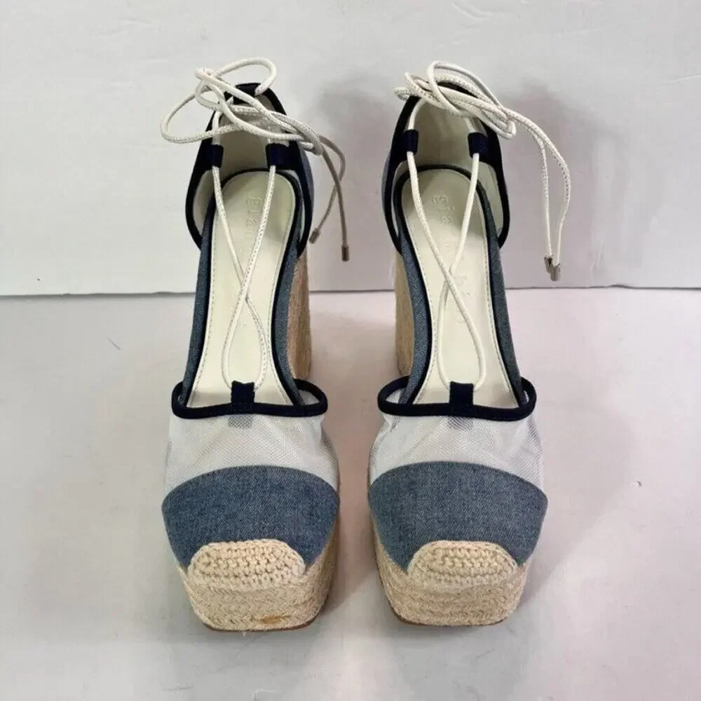 Gianni Bini Sandals Platform Wedges Women 7 Blue Denim Mesh Espadrille Gladiator - Picture 9 of 13